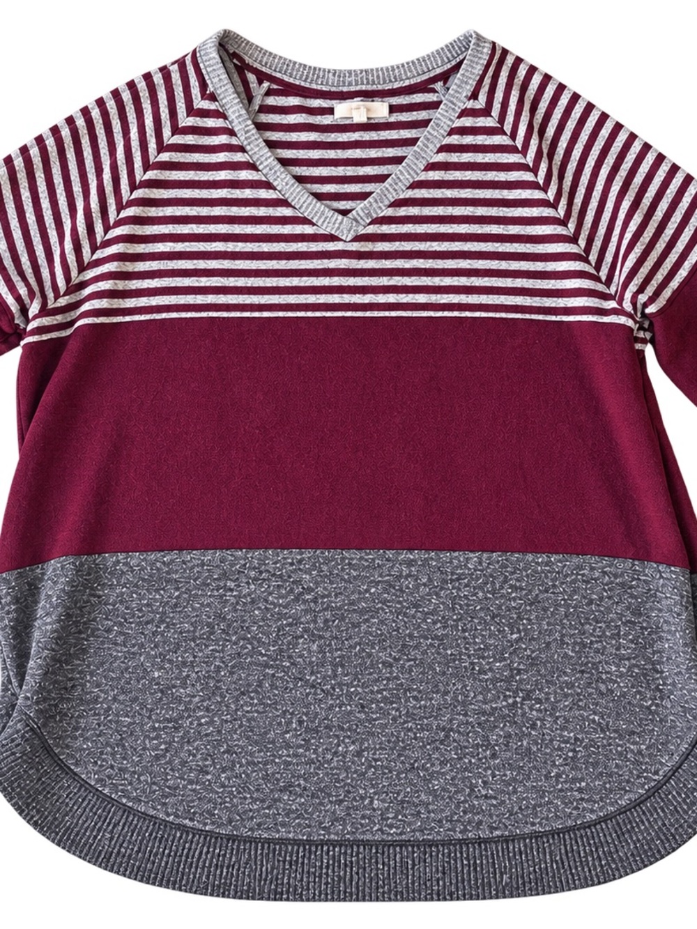 Maurices Maroon & Gray Striped V-Neck Colorblock Sweater